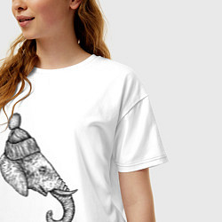 Футболка оверсайз женская Слон в шапке, цвет: белый — фото 2