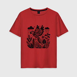 Женская футболка оверсайз Летящий попугай и растения