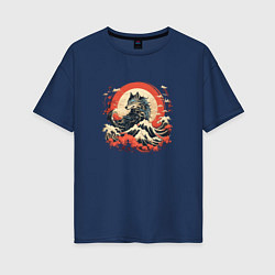 Женская футболка оверсайз Японский волк на закате