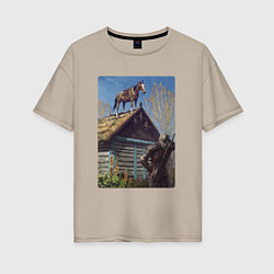 Женская футболка оверсайз Геральд и плотва на крыше - обложка карты из Гвинт
