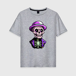 Женская футболка оверсайз Скелет в фиолетовой шляпе