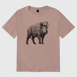 Женская футболка оверсайз Кабан в новогоднем колпаке