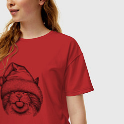 Футболка оверсайз женская Кот в новогодней шапке, цвет: красный — фото 2