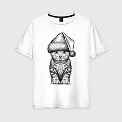Женская футболка оверсайз Новогодний котенок анфас