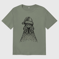 Женская футболка оверсайз Петух в новогодней шапке