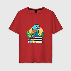 Футболка оверсайз женская Попугай на стопке книг, цвет: красный