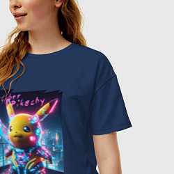 Футболка оверсайз женская Cyber Pikachu - neon glow ai art fantasy, цвет: тёмно-синий — фото 2