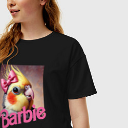 Футболка оверсайз женская Смешной попугай кокетка с розовым бантиком барби, цвет: черный — фото 2