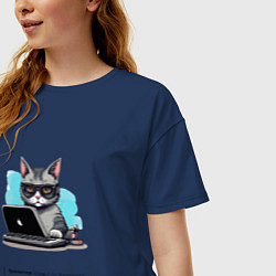Футболка оверсайз женская Кот бухгалтер с описанием, цвет: тёмно-синий — фото 2