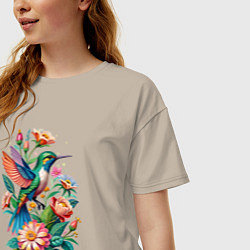 Футболка оверсайз женская Колибри среди цветов, цвет: миндальный — фото 2