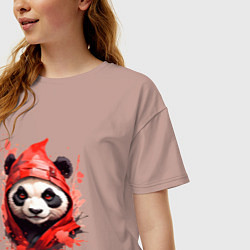 Футболка оверсайз женская Модная панда в красном капюшоне, цвет: пыльно-розовый — фото 2