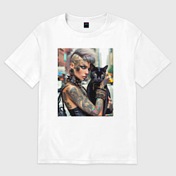 Женская футболка оверсайз Девчонка панк в татухах с чёрным котом - нейросеть