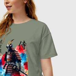Футболка оверсайз женская Японский самурай - акварель, цвет: авокадо — фото 2