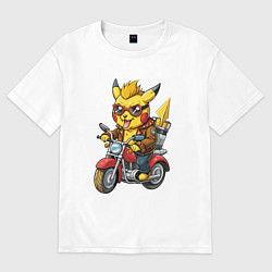 Женская футболка оверсайз Пикачу на ретро мотоцикле