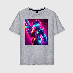 Женская футболка оверсайз Minecraft and cyberpunk collaboration - neon glow