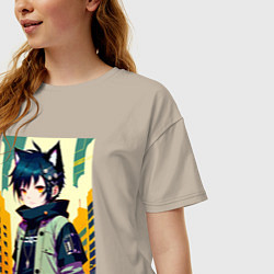 Футболка оверсайз женская Девочка котёнок - нейросеть, цвет: миндальный — фото 2