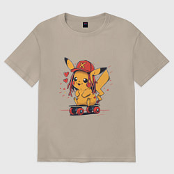 Женская футболка оверсайз Пикачу в кепке на скейте