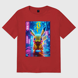 Футболка оверсайз женская Неоновый Пикачу - нейроарт, цвет: красный