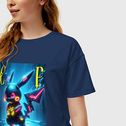 Футболка оверсайз женская Cyber Pikachu - neon glow ai art, цвет: тёмно-синий — фото 2
