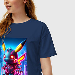 Футболка оверсайз женская Ужасный пикачу - нейроарт неоновое свечение, цвет: тёмно-синий — фото 2
