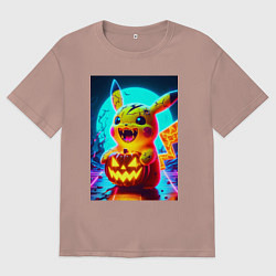 Женская футболка оверсайз Пикачу зомби с тыквой - хэллоуин