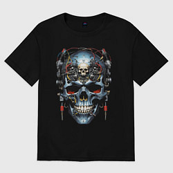 Женская футболка оверсайз Кибер череп - нейроарт фантазия