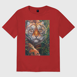 Футболка оверсайз женская Охотящийся тигр, цвет: красный