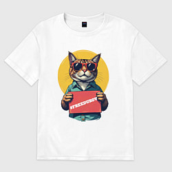 Женская футболка оверсайз Сat with a poster