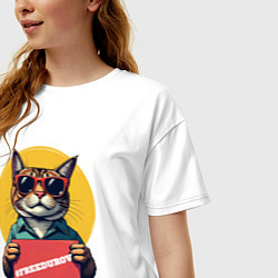 Футболка оверсайз женская Сat with a poster, цвет: белый — фото 2