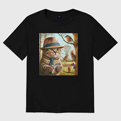 Футболка оверсайз женская Кот журналист - нейроарт, цвет: черный