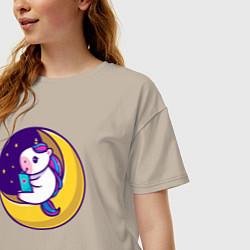 Футболка оверсайз женская Единорог читает на луне, цвет: миндальный — фото 2