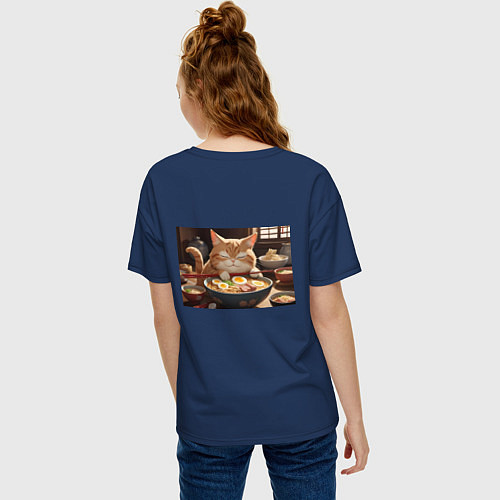 Женская футболка оверсайз Кот обожает рамен / Тёмно-синий – фото 4