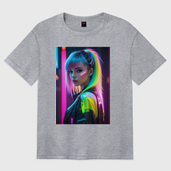 Женская футболка оверсайз Киберпанк девушка с зеленым хвостом