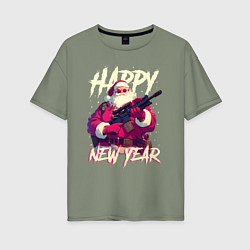 Женская футболка оверсайз Happy New Year Santa Claus with weapon