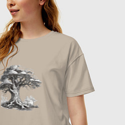 Футболка оверсайз женская Дерево скетч черно-белый, цвет: миндальный — фото 2