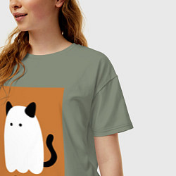 Футболка оверсайз женская Котик-призрак на хэллоуин, цвет: авокадо — фото 2