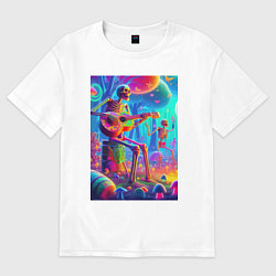 Женская футболка оверсайз Скелет играет на гитаре в грибном лесу