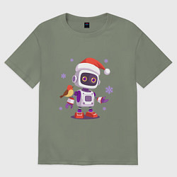 Женская футболка оверсайз Робот и снежинки