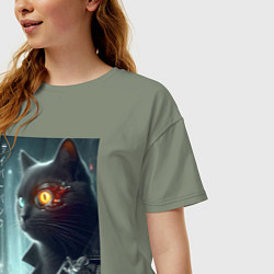 Футболка оверсайз женская Black cat - cyberpunk, цвет: авокадо — фото 2