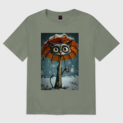 Женская футболка оверсайз Уличный кот под мокром снегом