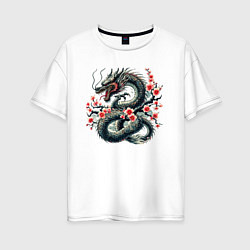 Женская футболка оверсайз Japanese dragon and sakura - irezumi