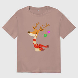 Женская футболка оверсайз Олень новогодний с ёлочными шарами