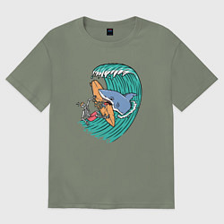 Футболка оверсайз женская Серфер и акула, цвет: авокадо