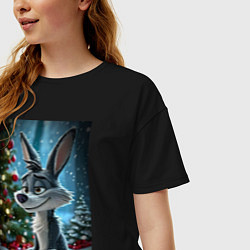 Футболка оверсайз женская Серый волк у елочки, цвет: черный — фото 2