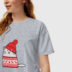 Футболка оверсайз женская Кот в свитере с оленями и красной шапке, цвет: меланж — фото 2