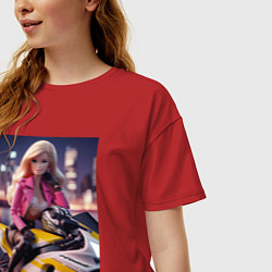 Футболка оверсайз женская Barbie on a Kawasaki sports motorcycle, цвет: красный — фото 2