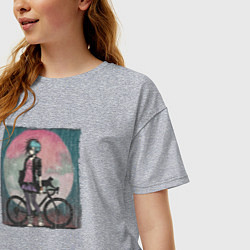 Футболка оверсайз женская Девочка эмо анархистка с велосипедом - дождь и кош, цвет: меланж — фото 2