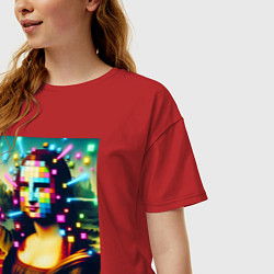 Футболка оверсайз женская Мона Лиза и неоновые кубики - стилизация, цвет: красный — фото 2