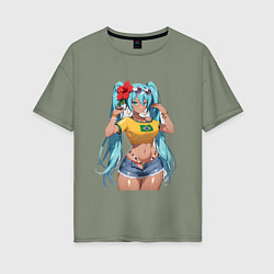 Футболка оверсайз женская Miku Hatsune с цветком, цвет: авокадо