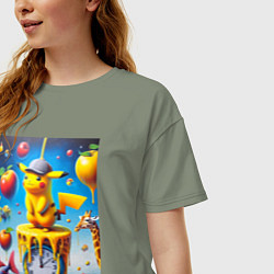 Футболка оверсайз женская Funny Pikachu and fishes - surrealism, цвет: авокадо — фото 2